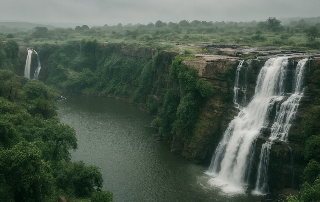 Lush green monsoon landscape with majestic waterfalls in Telangana