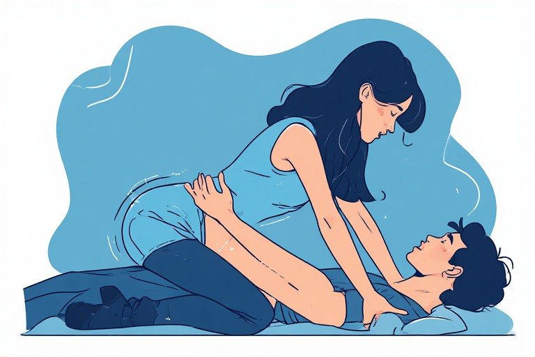 Minimalist blue line-art diagram showing a comfortable intimacy variation for married couples to improve connection