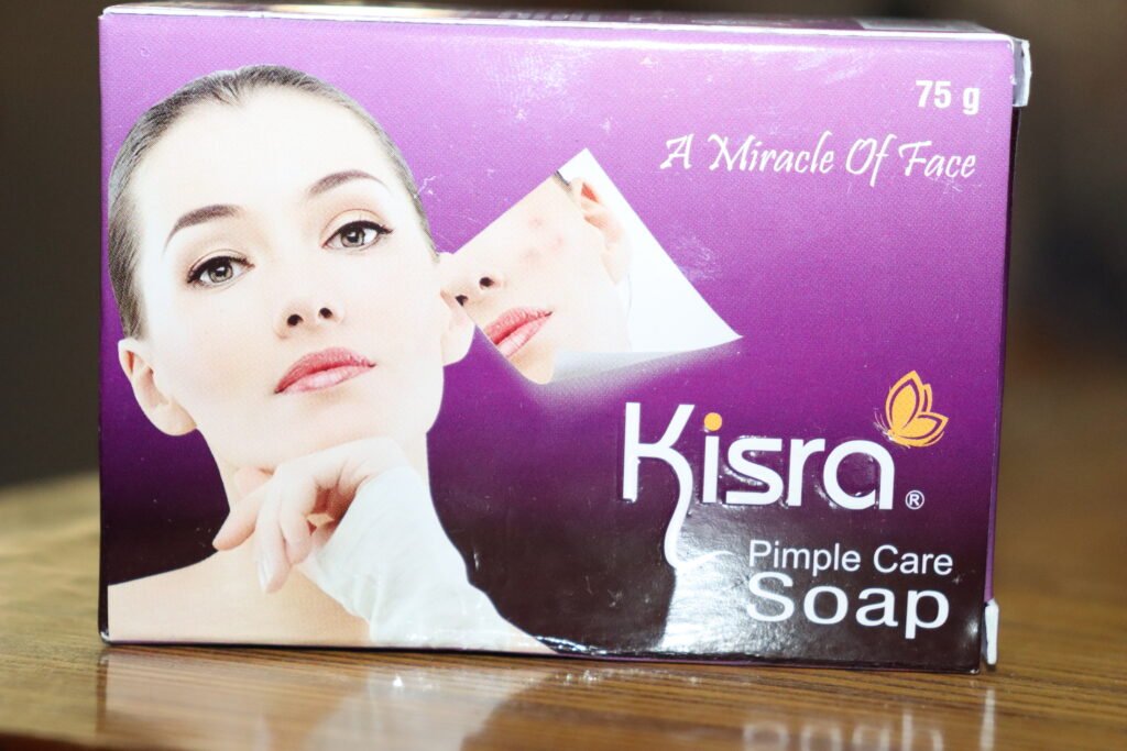 Back of Kisra soap box showing Tea Tree Oil and Neem ingredients