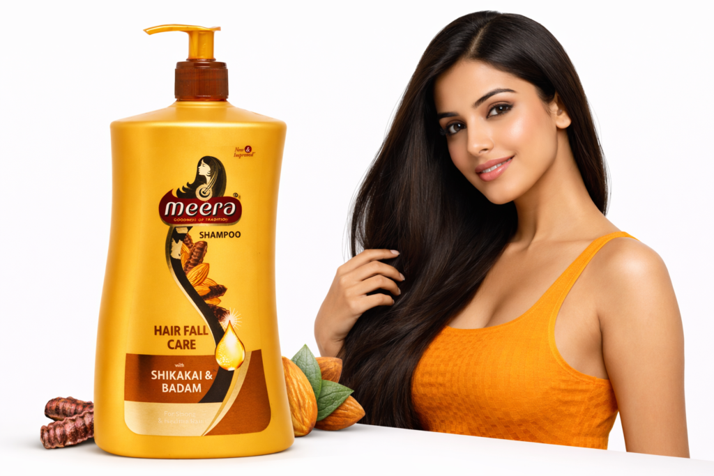 Long thick shiny hair results after using Meera Hairfall Care Shampoo