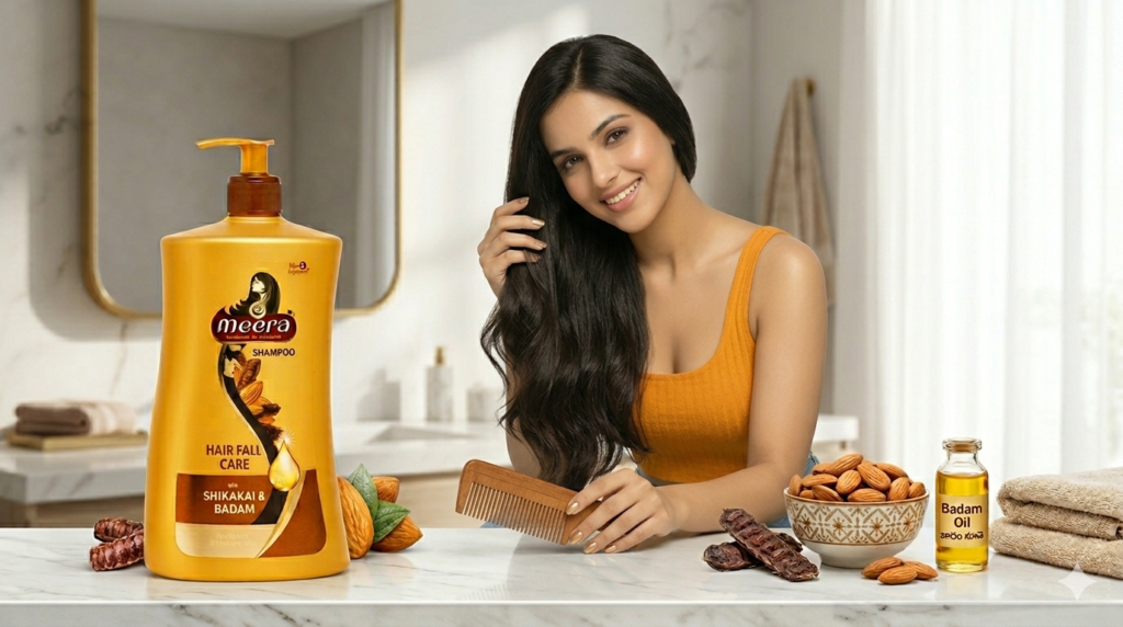Daily hair care routine for strong and healthy hair using Meera Shampoo
