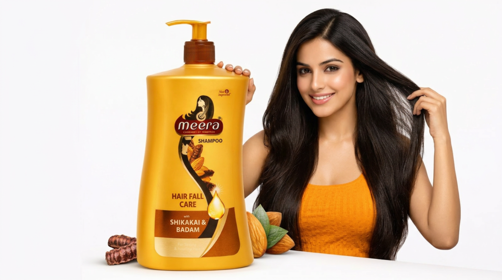 Meera Hairfall Care Shampoo ingredients featuring Shikakai and Almonds for hair strength