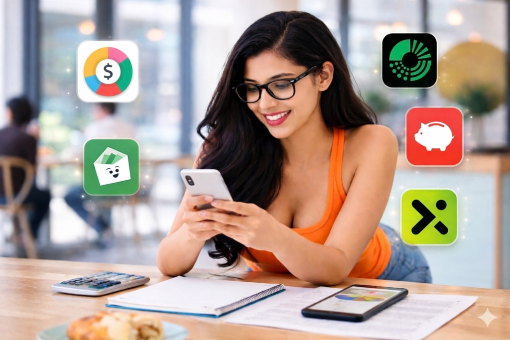 Female student in India using a budgeting app on her smartphone to track expenses