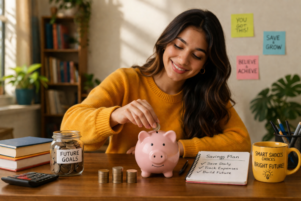 young woman saving money in piggy bank with coins and budgeting setup